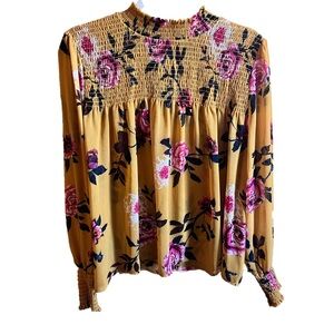 About a Girl yellow floral blouse size L w/ mock neck